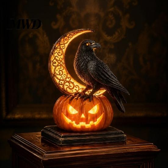 Halloween Party Tischdekoration Kürbis Drachen Statue, LED Leuchtende Harzfigur Beleuchtete Schreibtisch Nachtlampe mit Warmem Licht, Gruselige Fantasy Schreibtisch