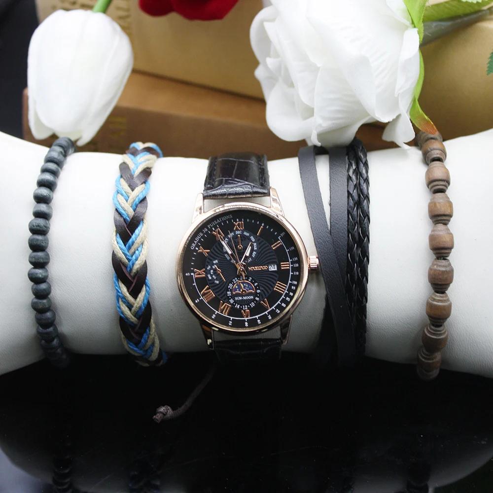 5pcs Set Luxury Watch Man Elegant Double Calendar Waterproof Wristwatch Include Bracelet Box Sports Men's Watches for Movement