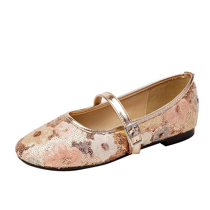 Fashion Designer Paillette Flower Ballets Shoes Ladies Belt Buckle Mary Janes Woman Soft Soled Flats Loafers Traf Gold Ballerinas Femme