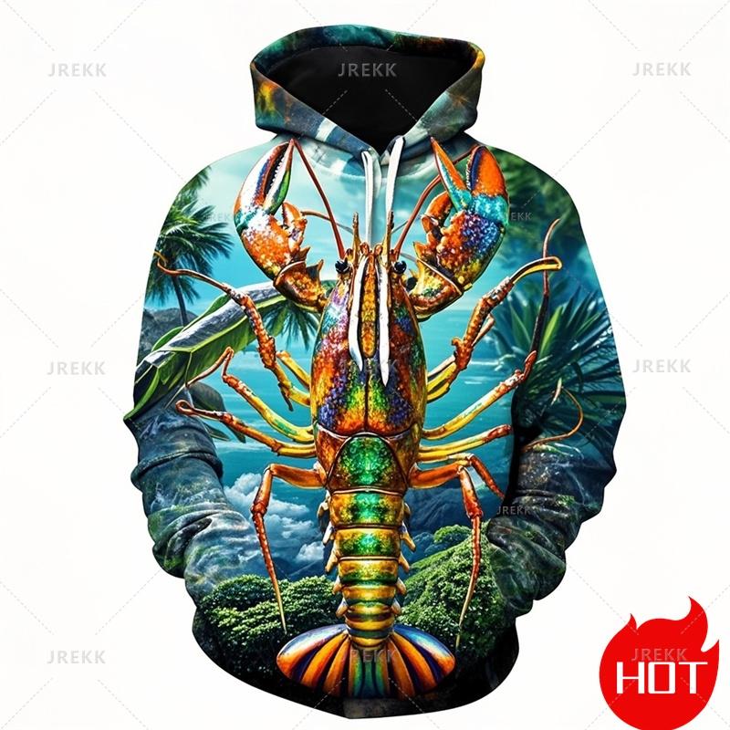 

Осенние 3D-печатные милые толстовки с изображением животных и креветок, толстовки с капюшоном и принтом морепродуктов и омаров, детские забавные пуловеры, мужская одежда, топ 6XL