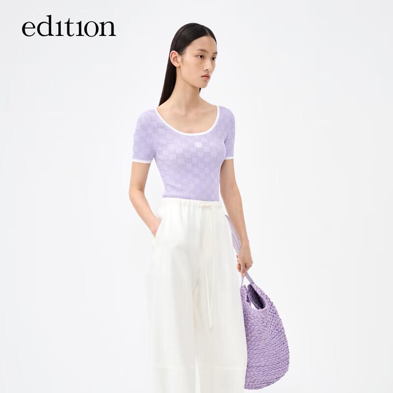 Edition Women's Plaid U-Neck Short Sleeve Knit Top