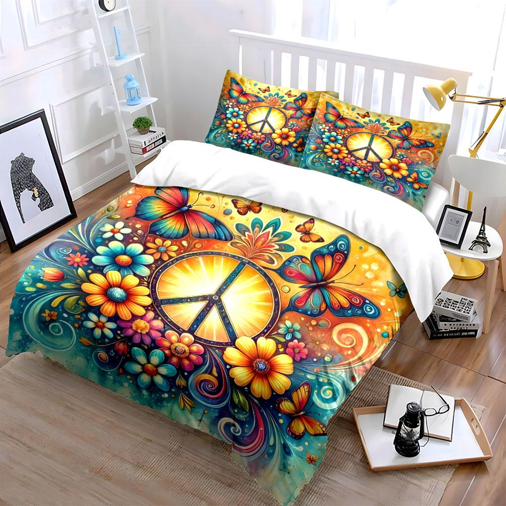 Bohemian Peace Symbol Art Set Multiple Sizes Kid'S And Adults' Bedroom Exquisite 3Pc Bedding Set, Gift