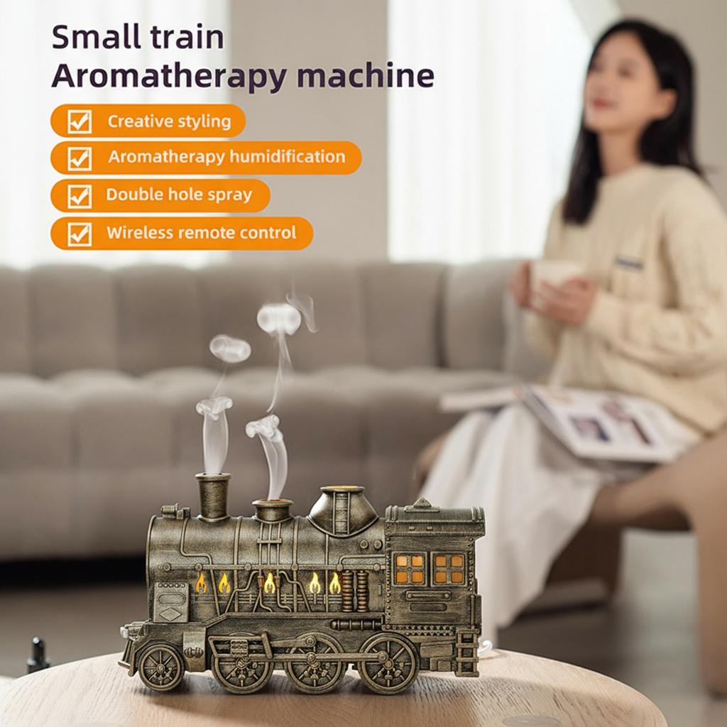 300ML Remote-Controlled Humidifier 2-Color LED 2 Mist Modes Auto Shut-Off Aromatherapy Vintage Train Aromatherapy Diffuser