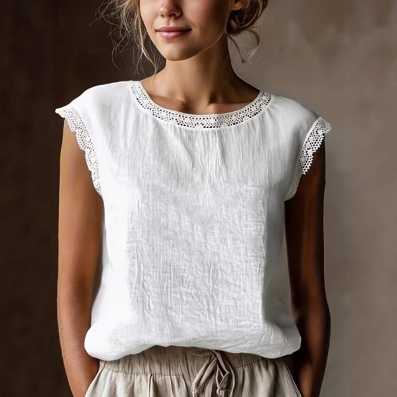 

Summer women s new loose solid color round neck lace sleeveless cotton and linen shirt S білий