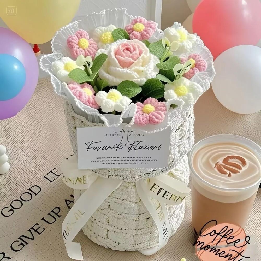 With Light Puff Flower Bouquet Gift Knitted Flower Bouquet Sunflower Bouquet  Valentine's Day