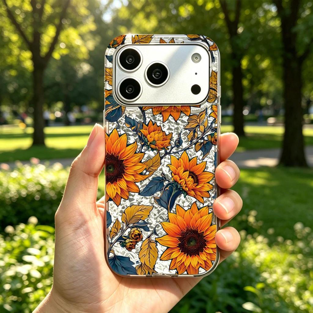 Case for iphone 16 Plus XR XS Max 18 Pro Max 17 Pro 11 13 Air 15 12 14 Silver Glitter Crackle Background Full Screen Sunflowers