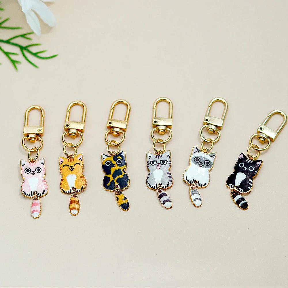 Cute Cat Keychain Cartoon Wagging Tail Cats Key Ring Metal Animal Pendant for Earphone Case Bag Accessories Pet Lover Gifts