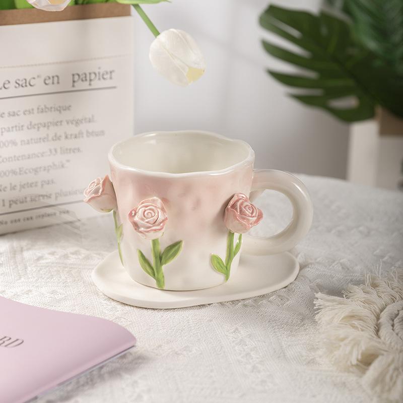 Rose Ceramic Cup Small Fresh Flower Tea Cup Creative Coffee Cup Couple Milk Cup Ice Cream Cup