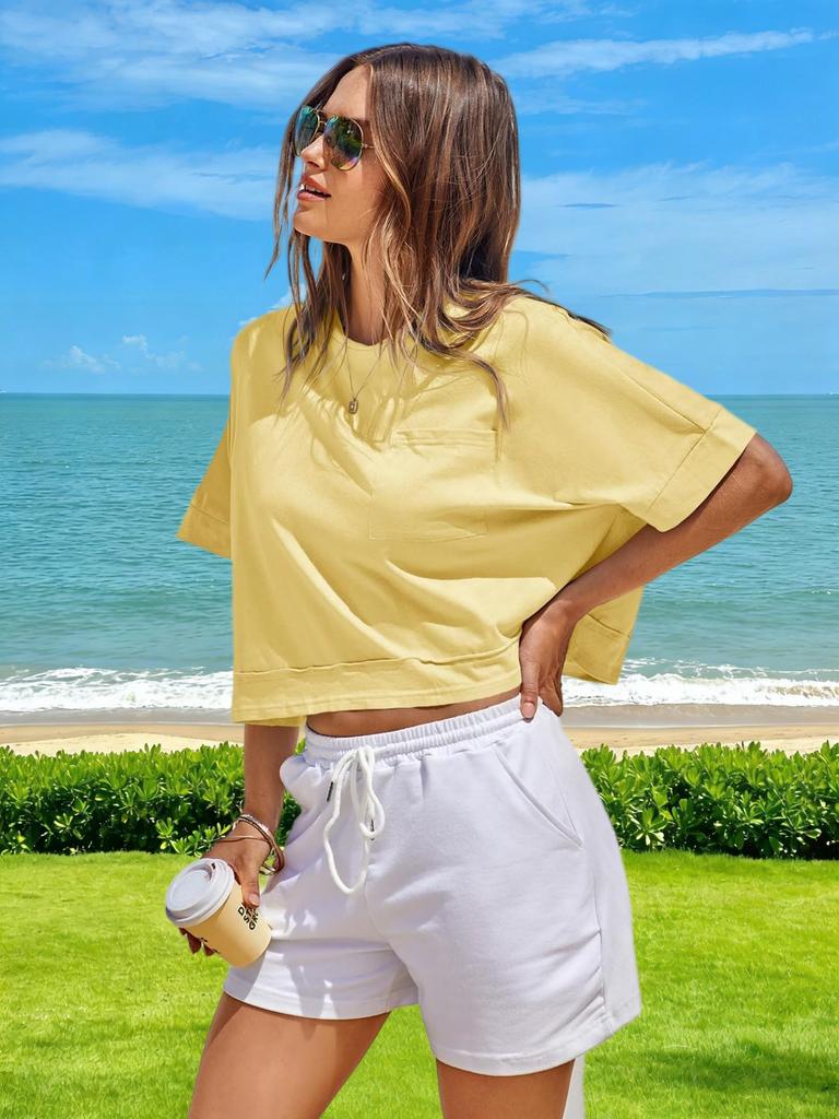 Womens Oversized Crop T Shirt Short Sleeve Workout Tee With Side Pockets
