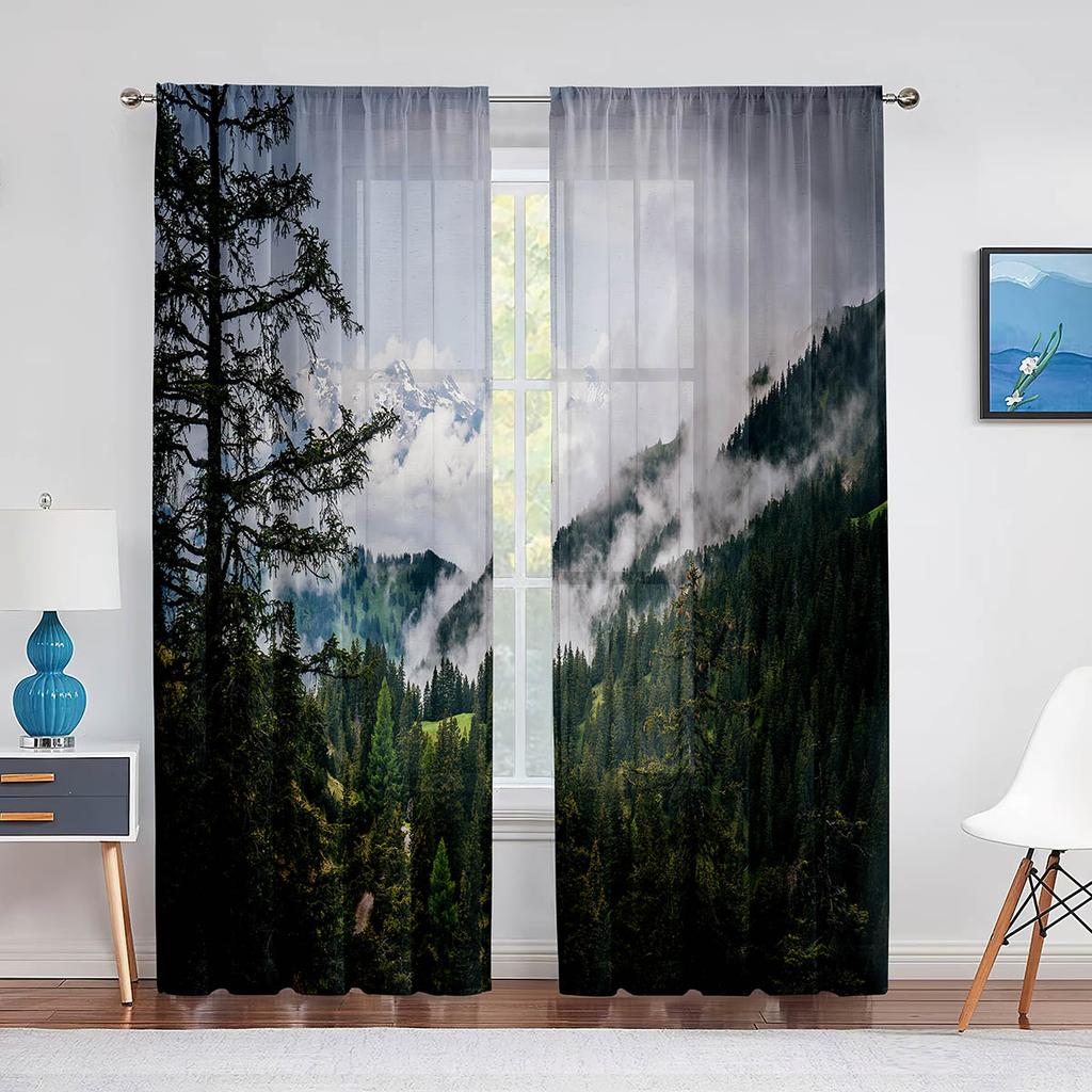 Misty Forest Sheer Voile Curtain Foggy Scenic Green Nature Landscape Window Tulle Curtains for Bedroom Living Room Kitchen Decor