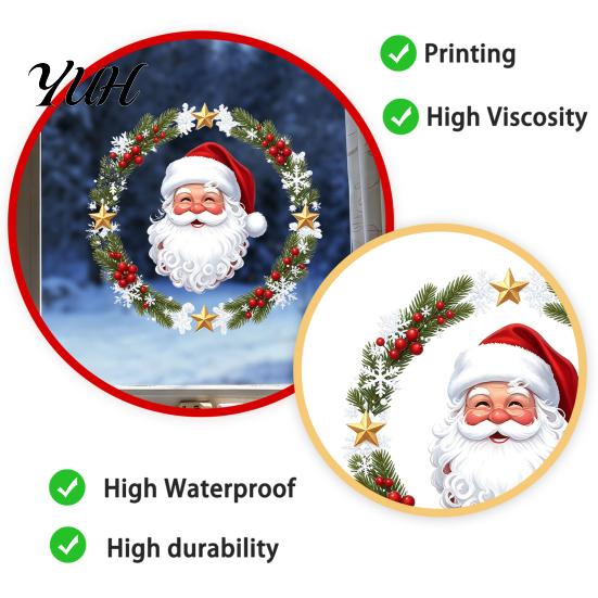 Holiday Glass Decals Christmas Window Clings, Cute Santa Claus Wreath Sticker, Cartoon Clings Static Decal for Office Shop Winter Party Decoration