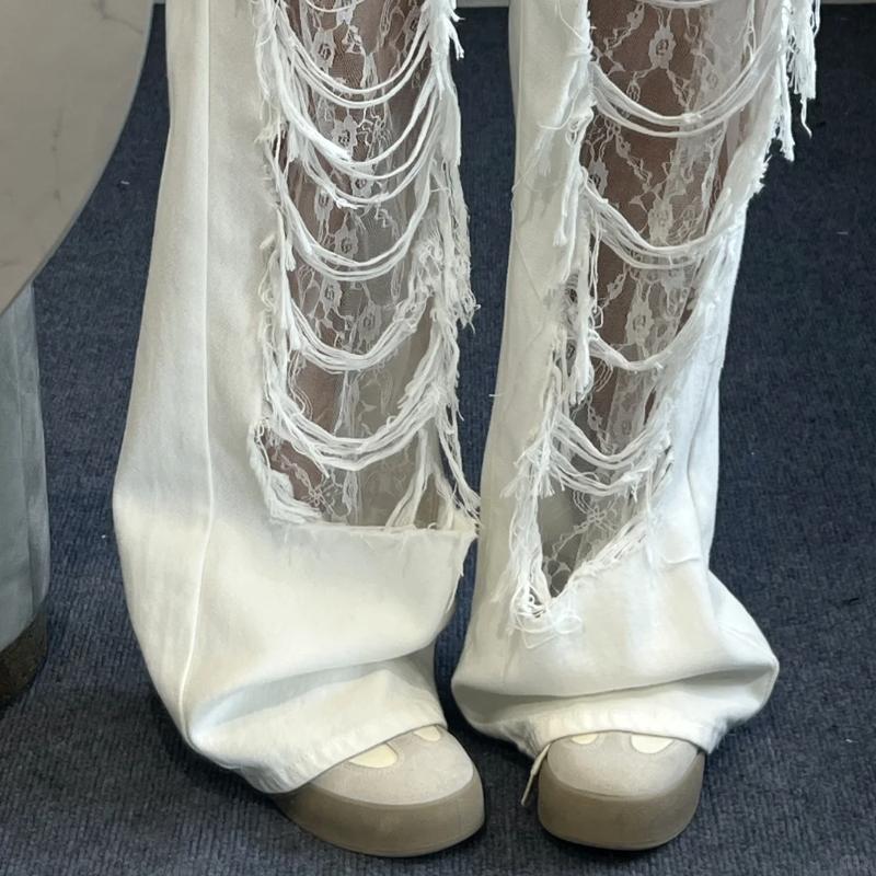 Sommer Weiße Distressed Straight-Leg Jeans für Damen - Lockeres Design-Forward Spitzen-Hollow-Panel Schlankmachende Vielseitige Weitbein-Hose