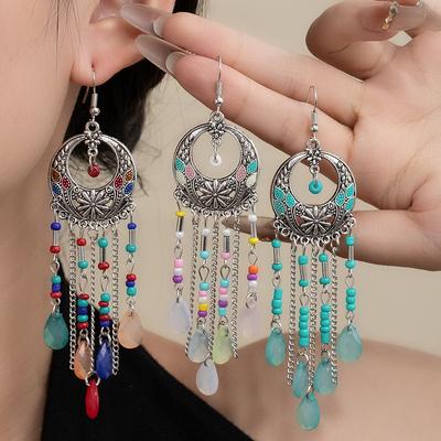 Super Fee Kwast Lange Retro Oorbellen Dames Zomer Etnische Vakantiestijl Stud Oorbellen Waterdruppels Gekleurde Rijstkorrels Kralen Oorbellen