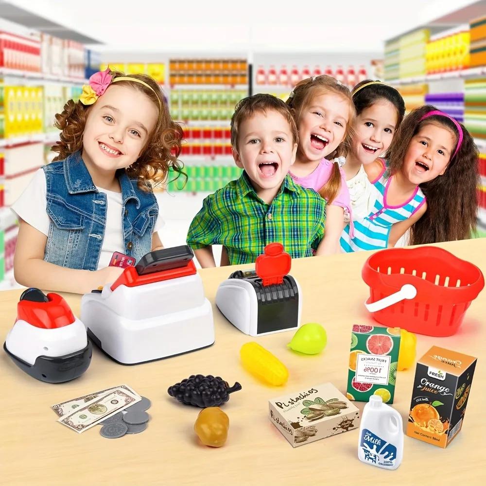 Toy 33Pcs Cash Register For Kids With Checkout Scanner Fruit Card Reader Credit Card Machine Play Money Food Shopping Play Set