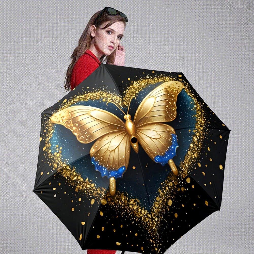 Portable Folding Umbrella with Golden Butterfly Design - Automatic Open/Close, 8-Rib Sturdy Frame, Compact Travel Umbrella for