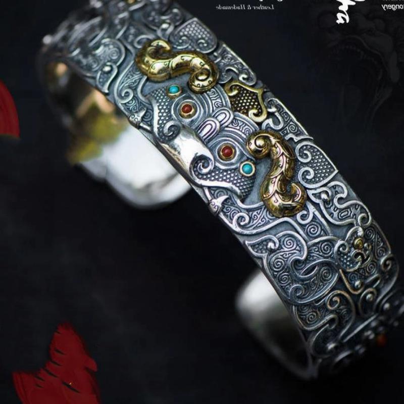 Carving Pixiu Retro Chinese Style Mighty Opening Bracelet Bracelet Accessories Ethnic Style Bracelet Men