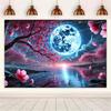 New tapestry peaceful cherry blossom and moon tapestry with starry sky and mountain view a beautiful decoration for bedroom