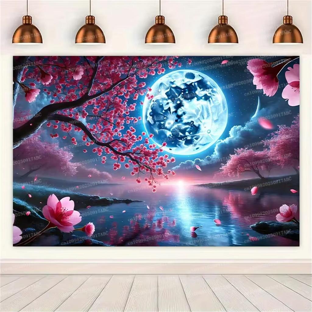 New tapestry peaceful cherry blossom and moon tapestry with starry sky and mountain view a beautiful decoration for bedroom