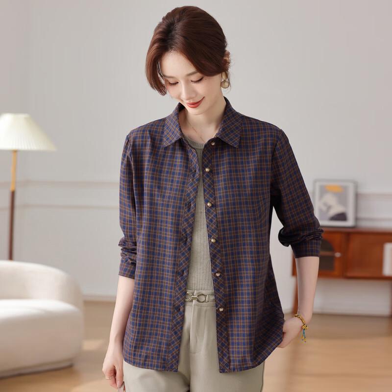 Elderly Women's Spring Plaid Cardigan Shirt