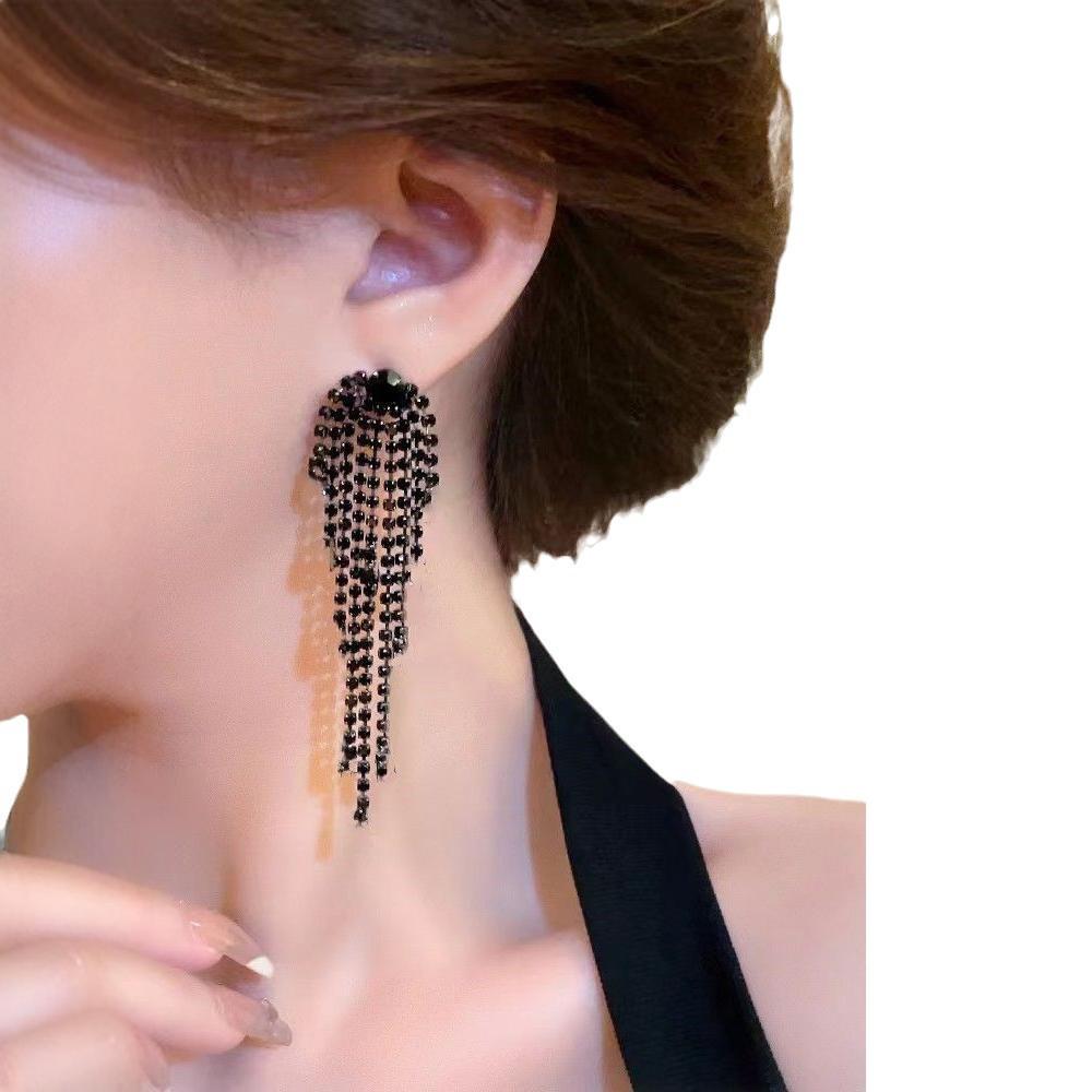 Light Luxury Black Rhinestone Long Tassel Earrings - High-End Socialite Style
