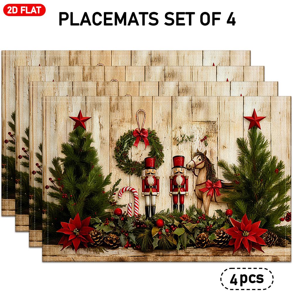 4/6pcs Christmas Themed Linen Placemats with Wood Grain Background Featuring Christmas Tree, Wreath, Nutcracker, Red Star, Candy Cane, Horse Doll, Poi