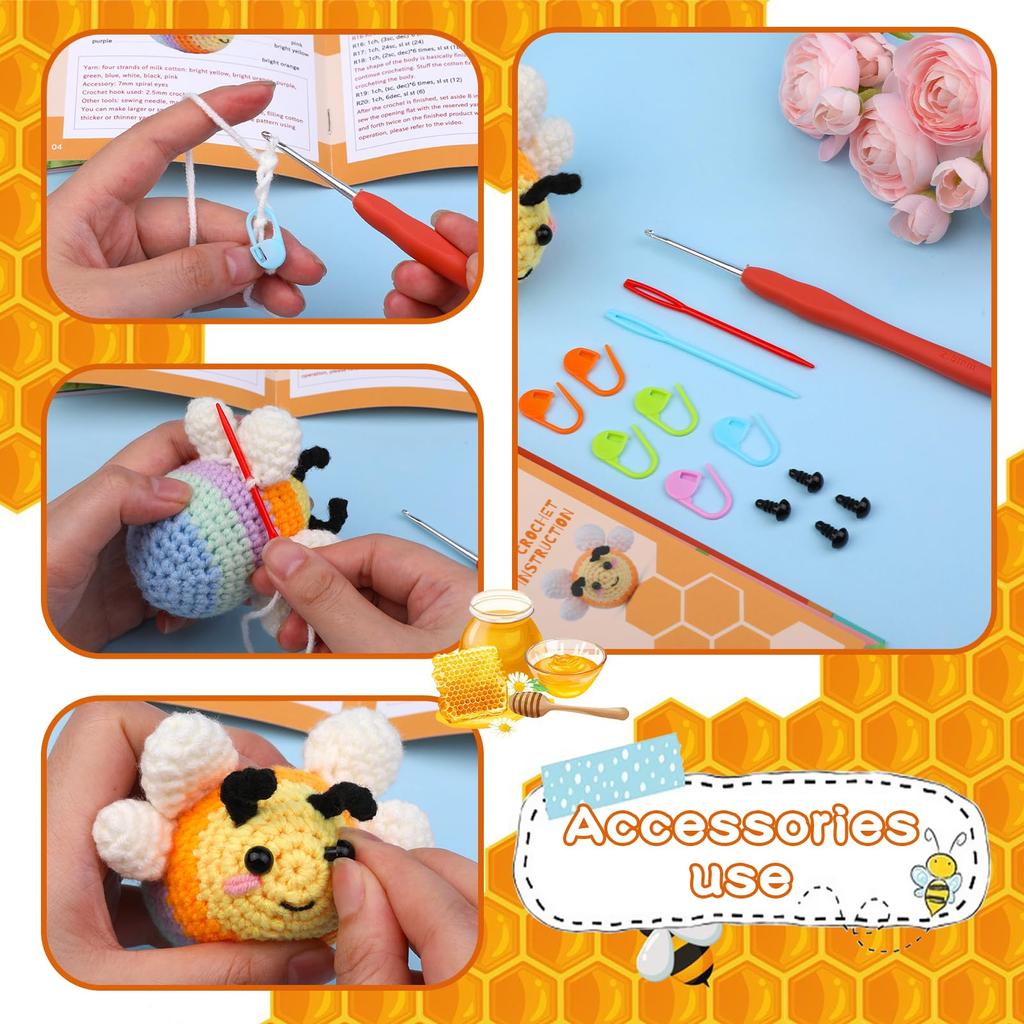 Fenrry Crochet Animal Kit Bee with Hook Yarn Set for Beginners Adults DIY Craft Supplies Step-by-Step Video Tutorials