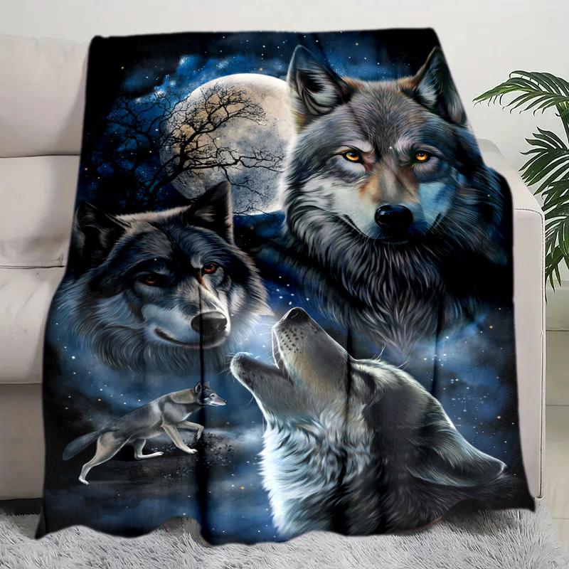1PC Black White Wolf Contrast Plush Blanket Suitable All Seasons Soft Comfortable Sofa Office Outdoor Travel Home Use