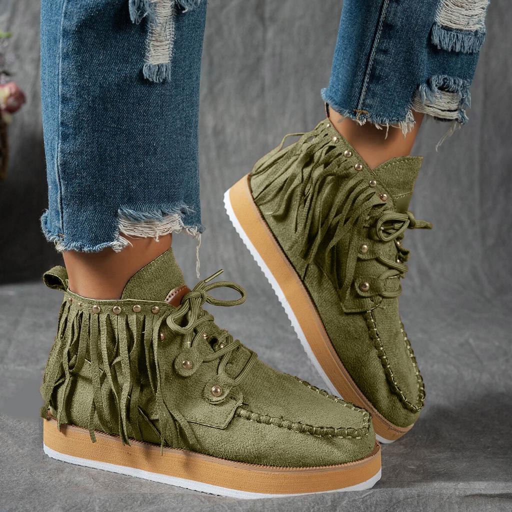 Platform Thick Soled Tassel Women's Short Boots Fashionable And Casual Retro Outdoor Lace up Boots for Women with Heel Suede