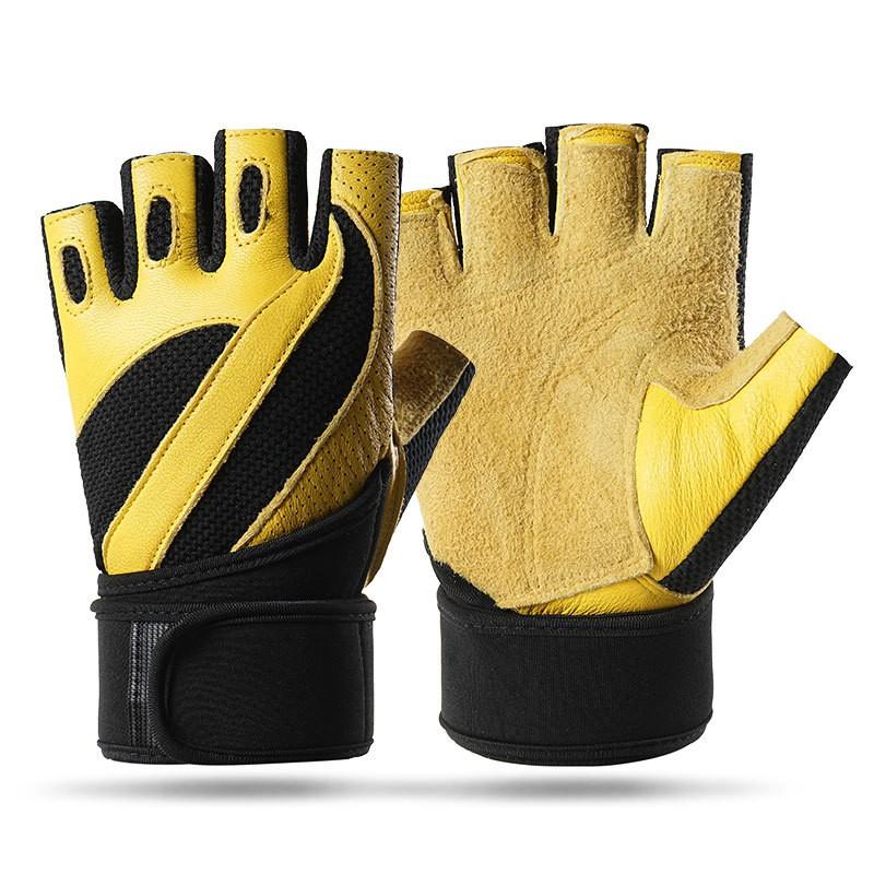 Mens Half-Finger Gym Gloves Weightlifting Cycling Training Anti-Slip Breathable Goat Leather Workout Protection
