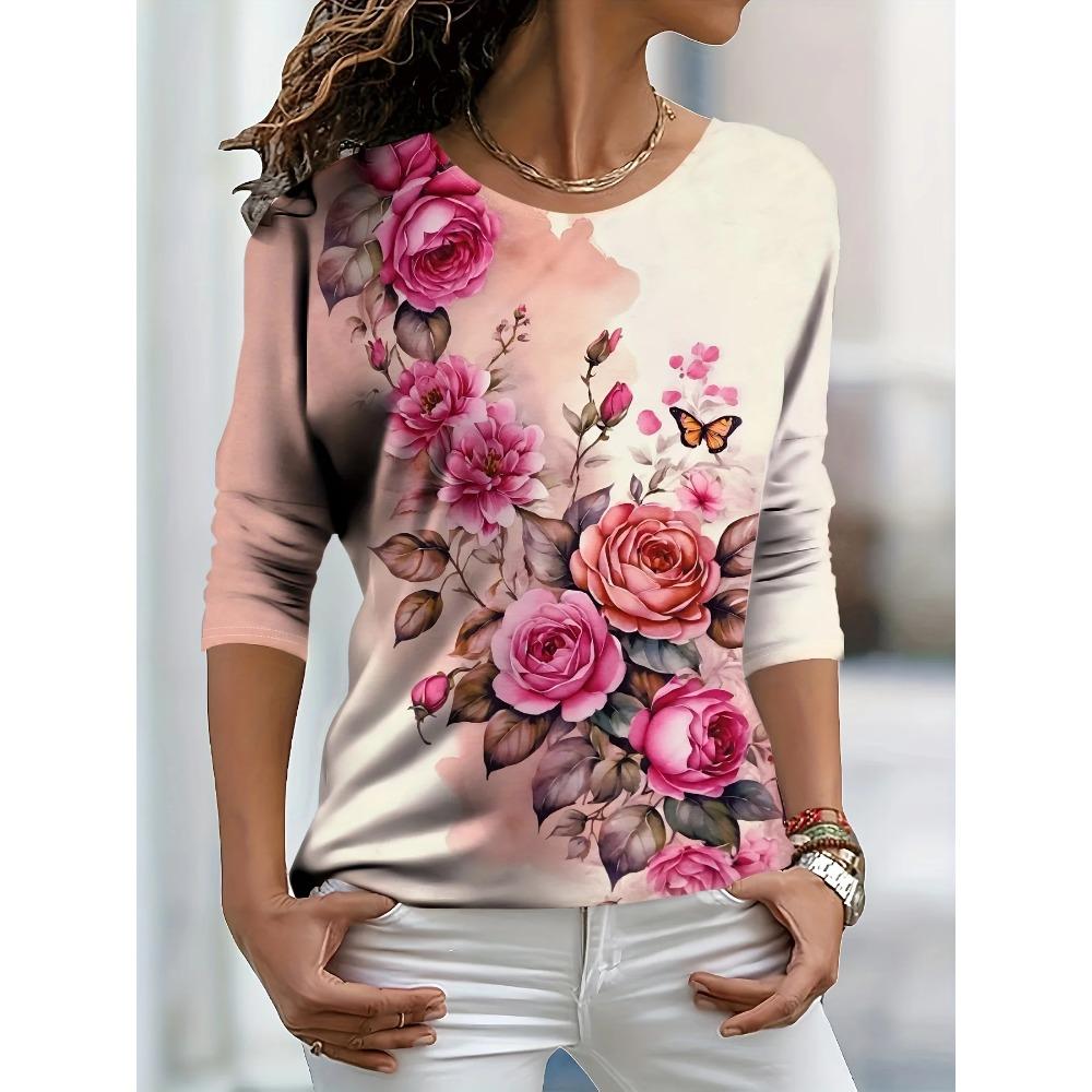 Spring and Autumn Round Neck Floral 3D Printed Top Fashionable Casual Long Sleeved Women's T-shirts