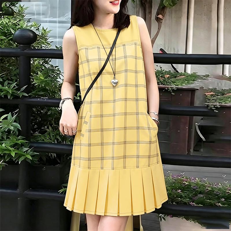 ZANZEA Women Casual Round Neck Plaid Print Loose Sleeveless Dress M