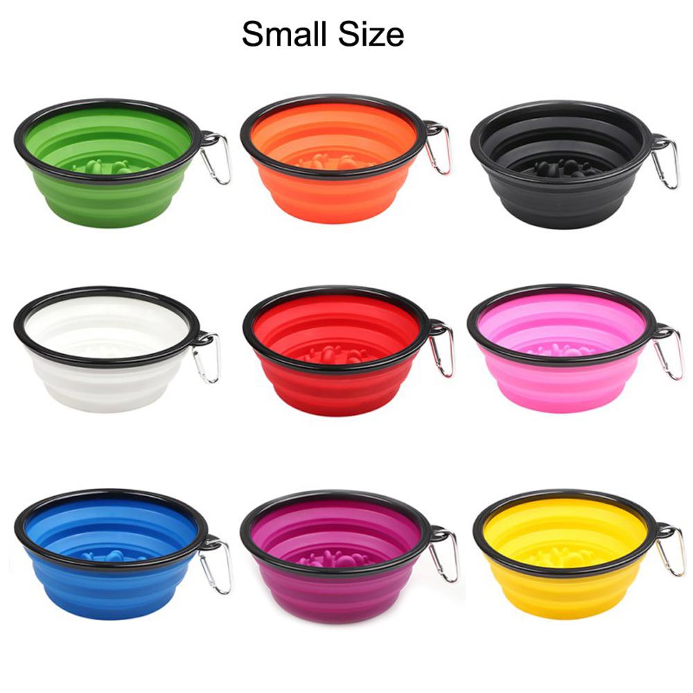Portable Pet Cat Dog Bowl Silicone Collapsible Slow Feeding Bowl with Hook Foldable Puppy Doggy Water Feeder Cup Solid Color Container
