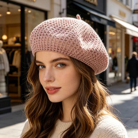 Yousheng Women Beret Hat, Hollow Design Gauze Beret Hat, Solid Color Versatile Headwear for Hiking Outings Traveling Shopping And Daily