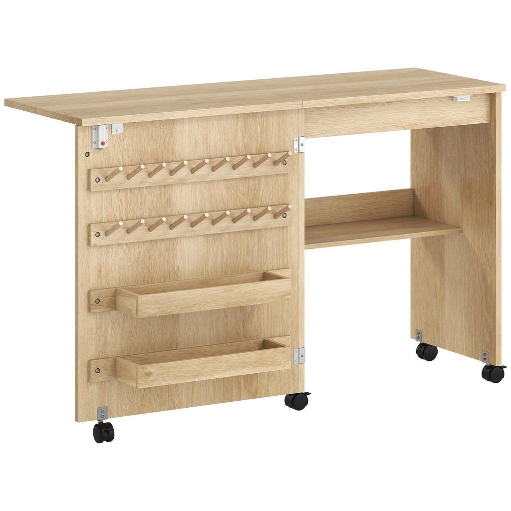 Folding Sewing Table, Rolling Cabinet, Magnetic Barn Door, 2 Bins, Shelf, 18 Pegs, Natural