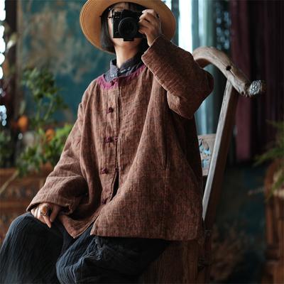 Women Vintage Print Floral Cotton Winter Parkas Button O-Neck Long Sleeve Button Coats Warm Chinese Style Parkas