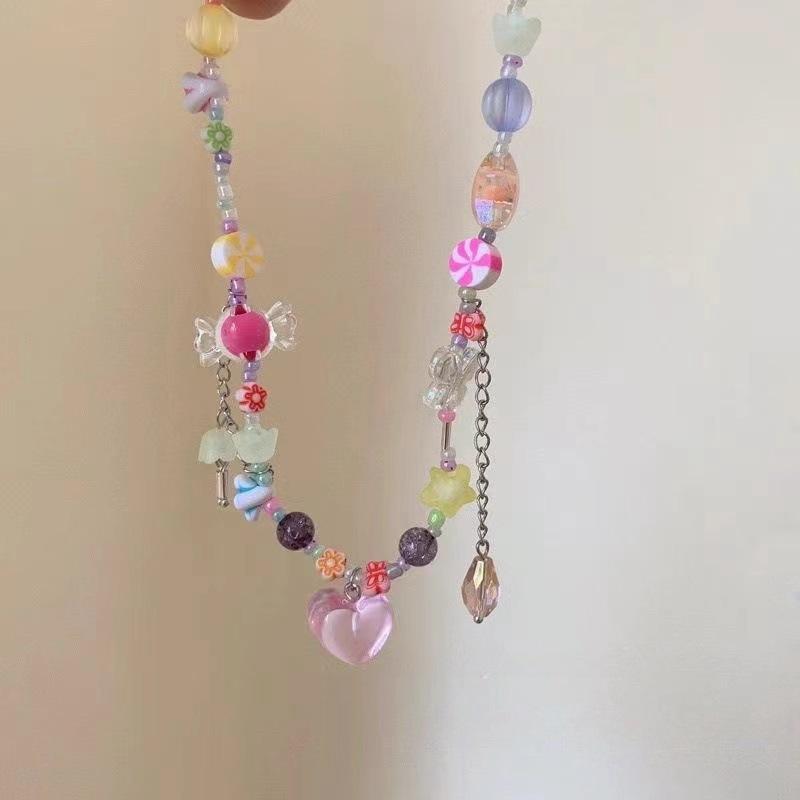 Cute Sweet Girl Colored Beaded Candy Necklace Female Niche Design Sense Neck Chain Dopamine Sweet Cool Babes Collarbone Chain