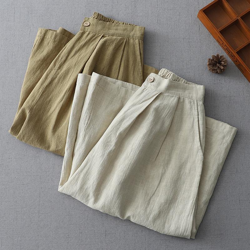 Real Shot Summer New Straight Cotton and Linen Literary Loose Retro Nine-point Wide-leg Pants Women