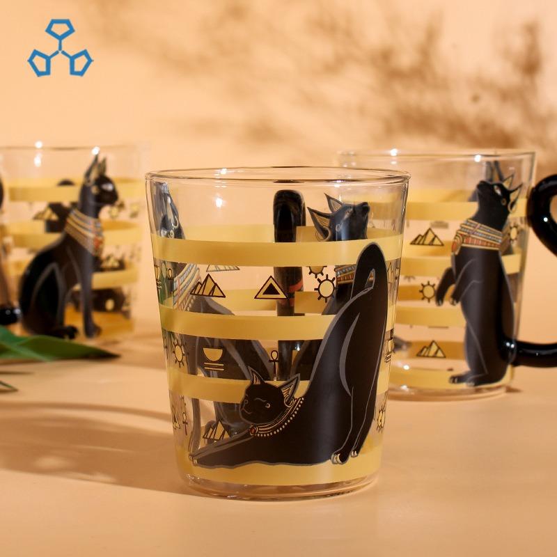 Black Cat Totem Glass Cup Classical Handmade Design High Borosilicate Heat Resistant Water Mug With Handle