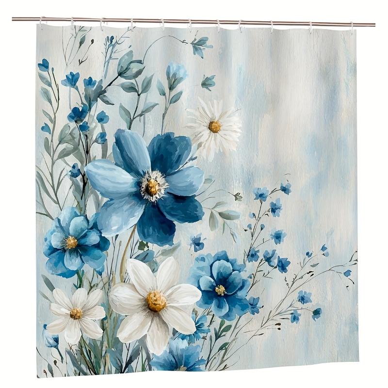 1Pc Blue & White Floral Shower Curtain - 71X71 Inch, Polyester, 12 Hooks, Hand Wash, Elegant Summer Bathroom Decor