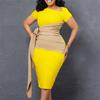 Pleated Strap Clothing Summer Short Color Matching Large Size Women's Sleeve Diagonal Collar Sheath Dress