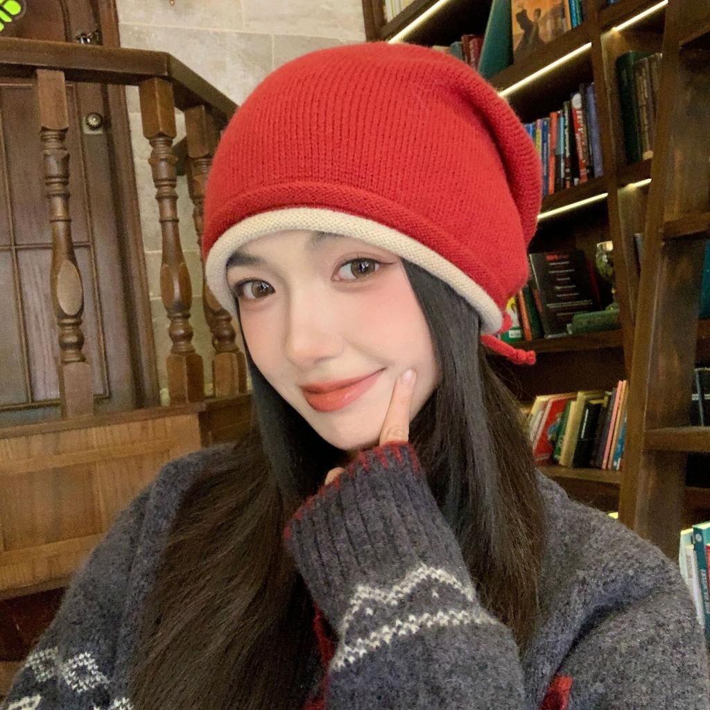 Double rolled Edge Drawstring Pile Hat Women's Warm Headscarf  Cold Hat  Big Head Circumference  Making The Face Look Smaller  Versatile Knitted Hat