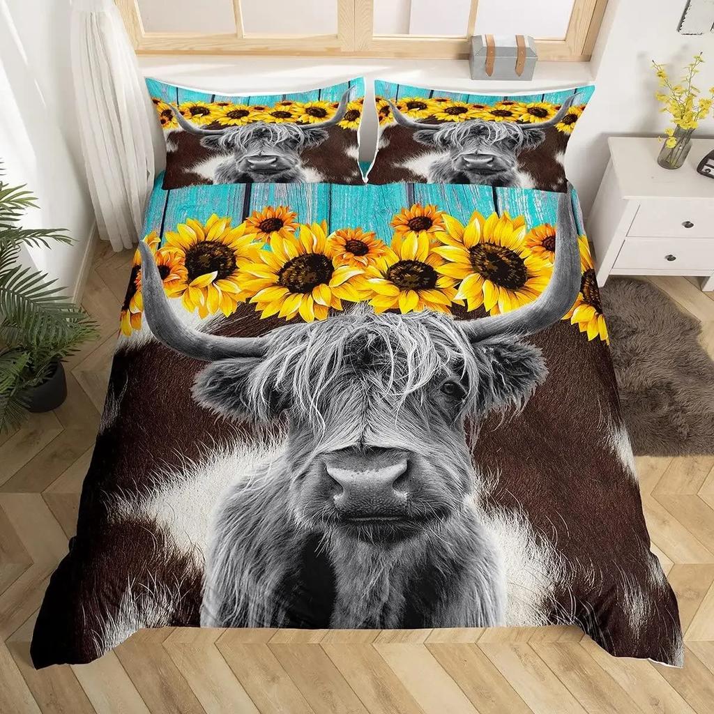 Highland Cow Duvet Cover King Sunflower Farm Animal Bedding Set Cute Highland Cattle Floral Quilt Cover Rustic Farmhosue Decor