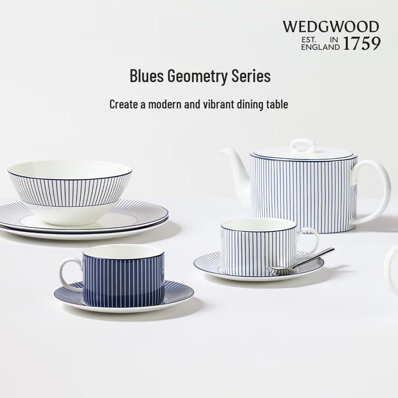 Wedgwood Blau-Geometrisches Streifen-Knochenchina Tasse mit Untertasse
