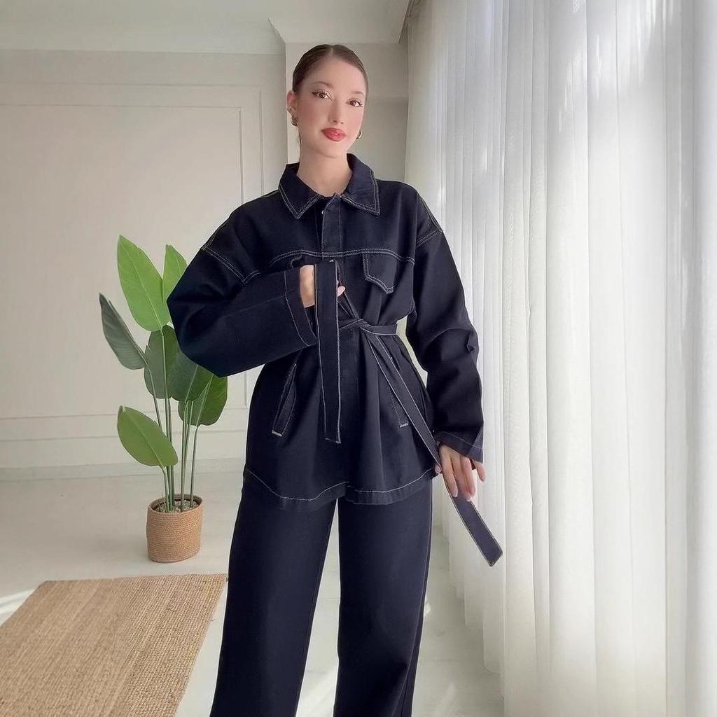 Damen Herbst Polo Kragen Langarm Taillenraffung Kunstdenim Freizeit Overall