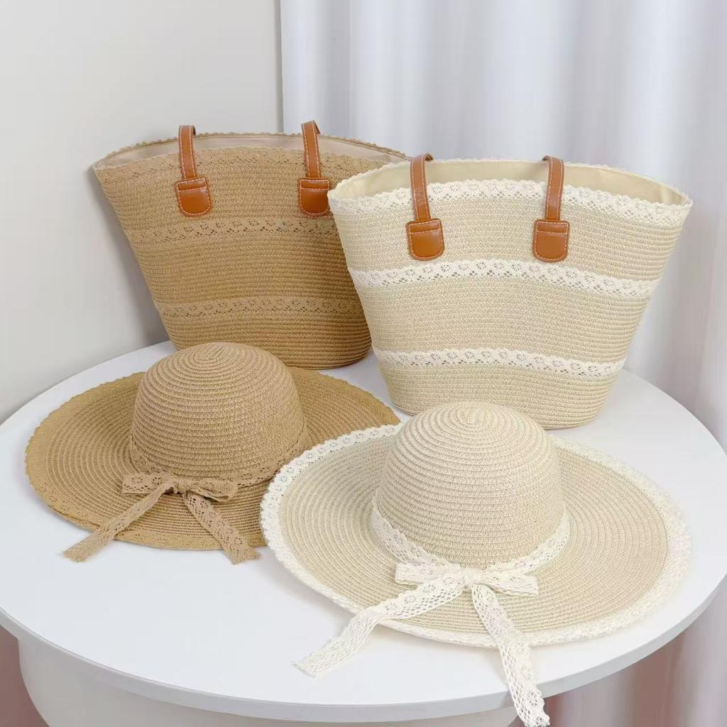 New French lace bow woven straw hat women's summer seaside large-capacity straw bag