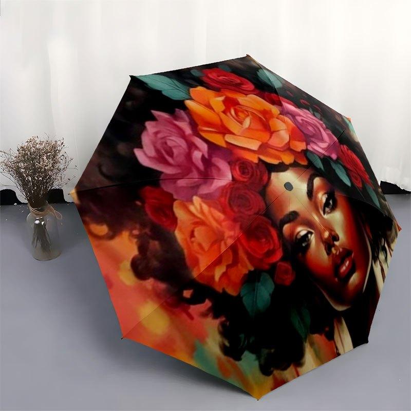 Floral Crown Afro Woman Art PrintUmbrella with Cute Design,Portable 3-Fold Compact Umbrella for Men&Women,Valentine's Day Mother's Day Hallo