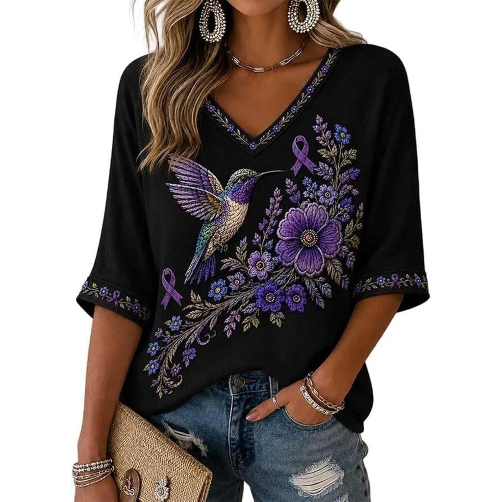 Women's 3D Print V-Neck Loose Fit Three-Quarter Sleeve T-Shirt Casual Top