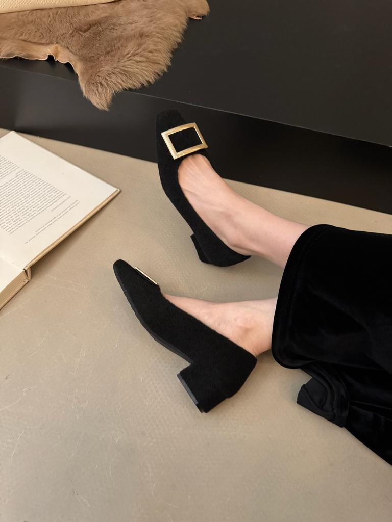 2025 autumn new metal square buckle light mouth single shoes women's thick heel square head commuting Mary Jane shoes