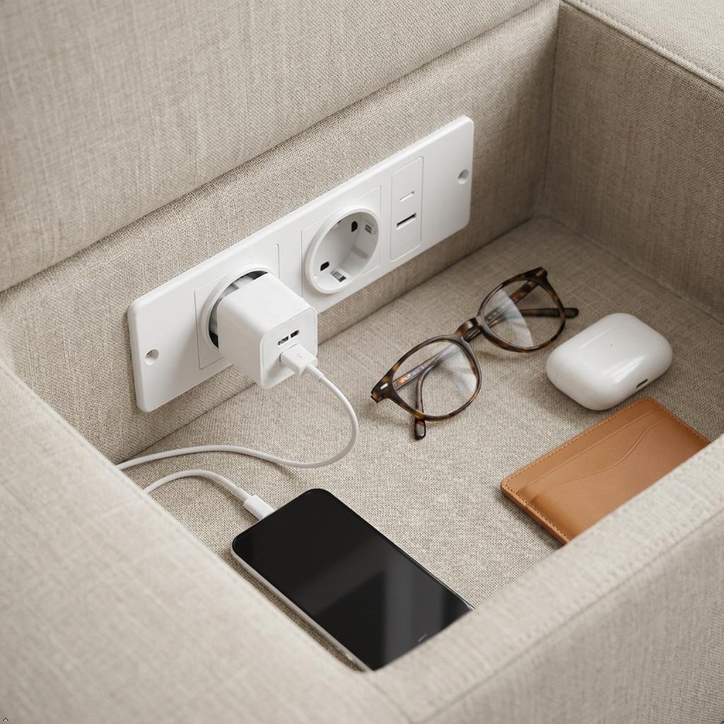 Ukryte w meblach gniazdko zasilające, wpuszczane w blat stacji zasilającej z portami USB do uporządkowanego biurka, blatu kuchennego