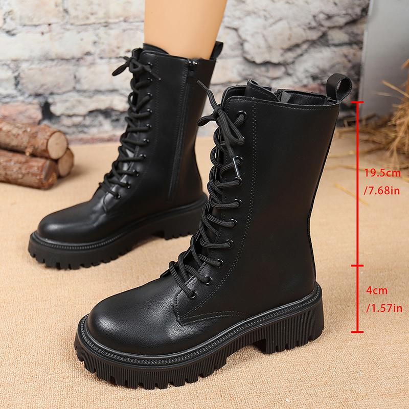 

Модные ботинки до середины икры в британском стиле черного цвета для женщин из искусственной кожи на толстом каблуке мотоциклетные ботинки женские осенне-зимние ботинки на шнуровке 42 чёрный